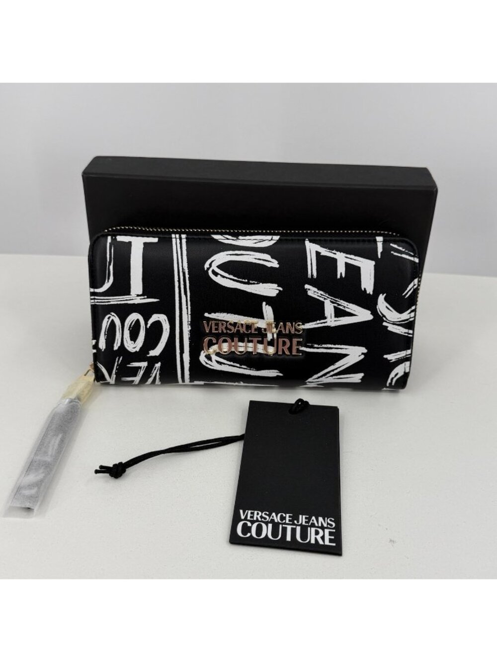 Versace Jeans Couture Doodle Zip Around Continental Wallet Allover Logo Black/Wh